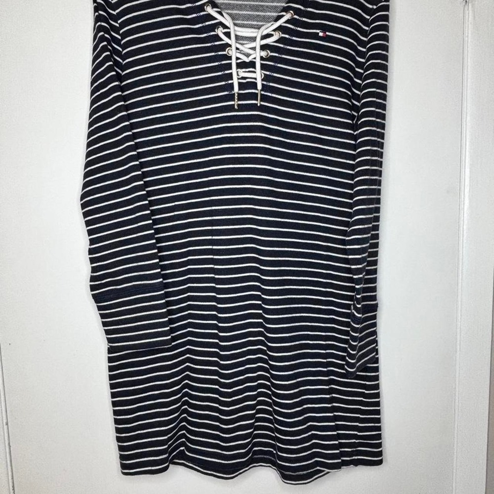 Tommy Hilfiger navy & white striped long sleeve dress with lace up front size M